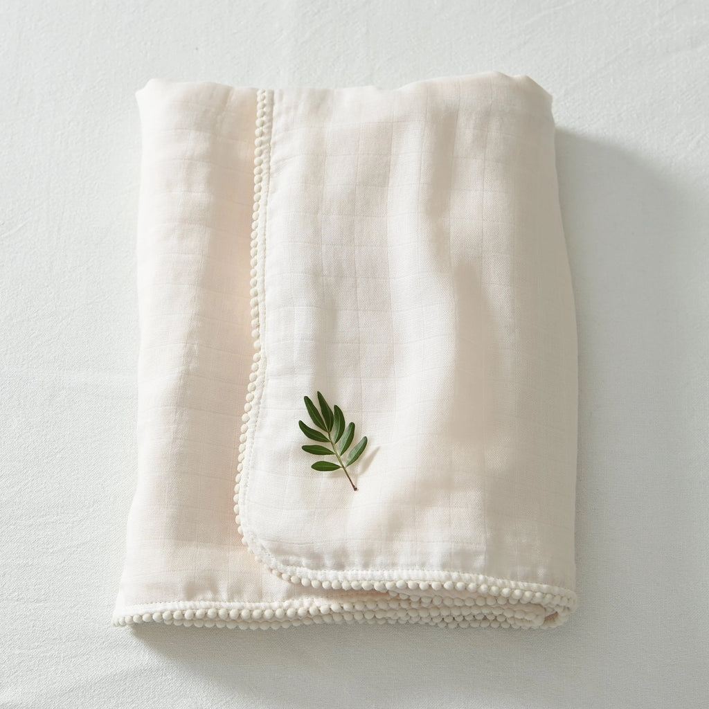 Pom Pom Muslin Blanket Pink