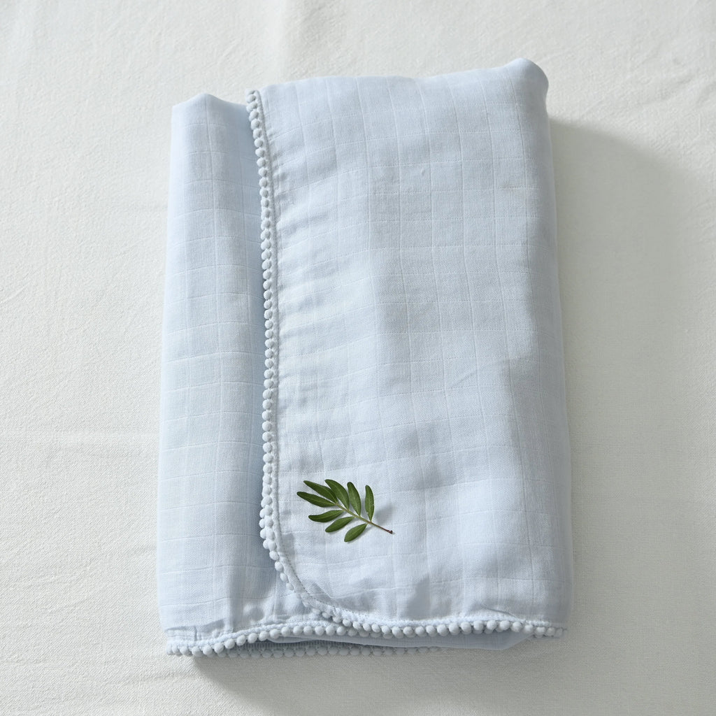 Pom Pom Muslin Blanket Baby Blue